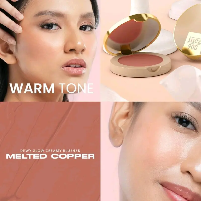 Inez Dewy Glow Creamy Blusher Wajah - Effortless Blending Light as Air Infused with Vitamin E - Sweet Pink, Creamy Peach, Lovable Coral, Melted Copper 5