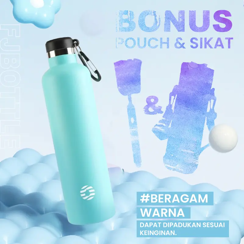FJbottle - Botol Minum Tumbler Olahraga Stainless Steel 1Liter Dengan Gantungan Free Sikat dan Tas Botol 4