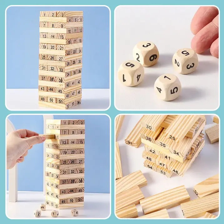 Toddi Permainan Uno Stacko Kayu 54 Balok dengan 4 Dadu Anak Game Toys 5