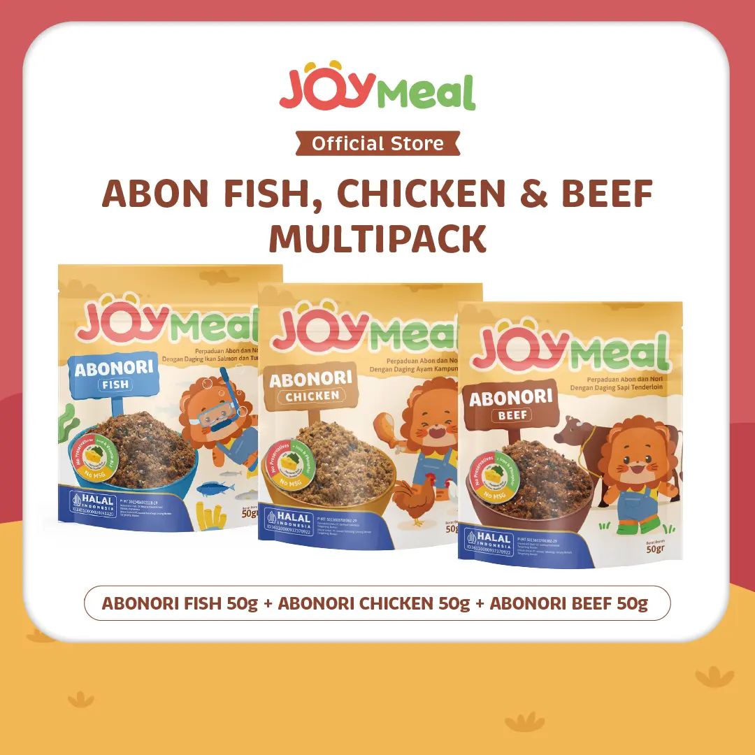 [Bundle 3 pcs] JoyMeal ABONORI Multipack 3pcs Original @50gr - MPASI Cemilan  Bayi & Anak | Perpaduan Abon Nori dengan Daging Ikan Salmon & Tuna, Daging Ayam dan Daging Sapi