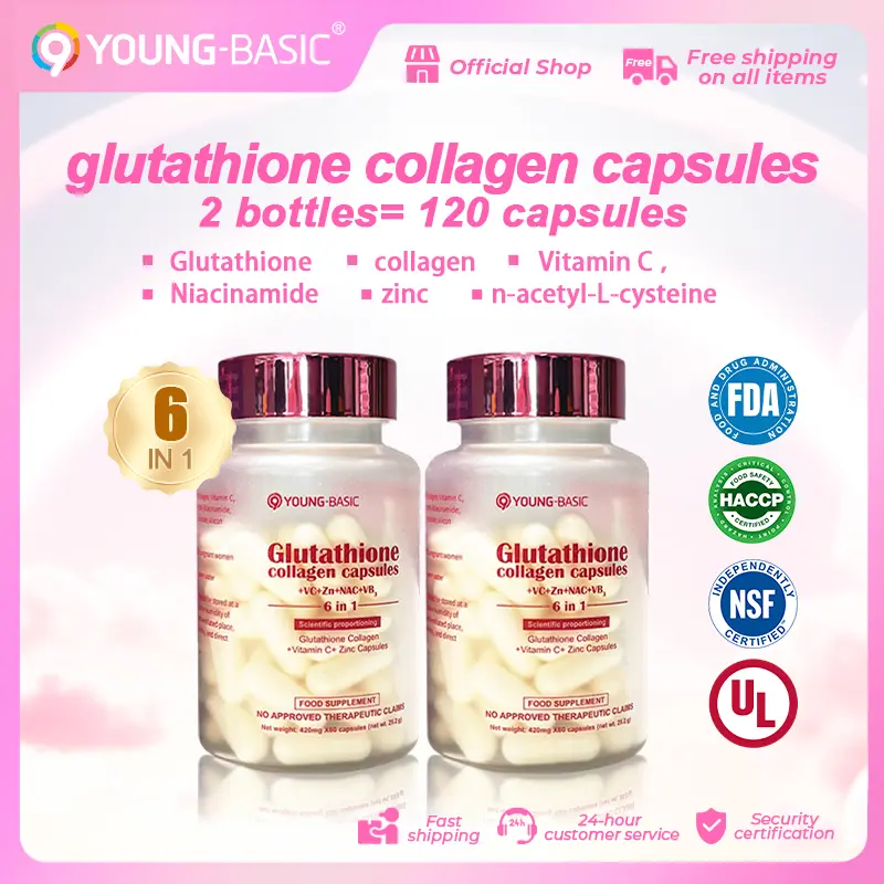 9YOUNG-BASIC FDA certified  Glutathione collagen capsules 2 bottles，total contains: 420mg x 120 tablets, 1 tablet contains： L-Glutathione 220mg,collagen 100mg,Vitamin C 34mg，Niacin 14mg，zinc 2mg | 6 in 1 | Scientific formula | skin care | Easy to absorb