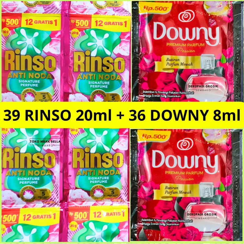 PAKET NYUCI 72-75pcs RINSO + DOWNY Deterjen liduiq pewangi konsentrat rinso 18ml-20ml dan downy 8ml 1