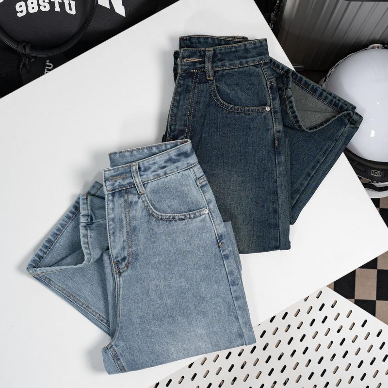 Quần Ống Suông Jean Nữ Lưng Cao Trơn Basic Chất Jean Mềm Màu Retro