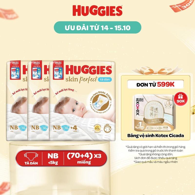 [Creator] Thùng 3 gói Tã/bỉm dán sơ sinh Huggies Skin Perfect với 2 vùng thấm giảm kích ứng da Size NB70+4/S54+4/S80+2/M76+3  [CTKM cộng miếng thay đổi theo từng đợt nhập hàng]