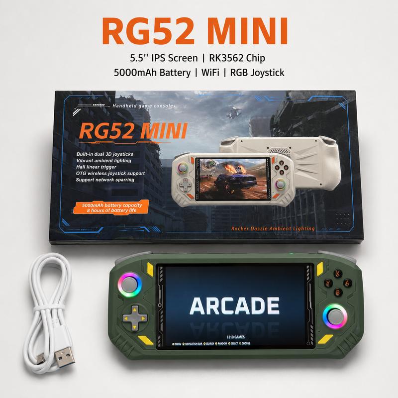 Máy chơi game di động RG52 MINI với RK3562, bộ xử lý bốn nhân, màn hình IPS 5,5 inch 1280×720, công tắc tuyến tính Hall, joystick RGB, pin 5000 mAh, thời gian chơi lên đến 8 giờ, Wi‑Fi 2,4 GHz