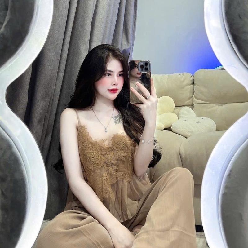 Đồ Bộ Ngủ Nữ 2 Dây Chất Voan Tơ Nguyên Bộ (Áo Quần Có Lót) Phối Ren Free size 40 - 60kg