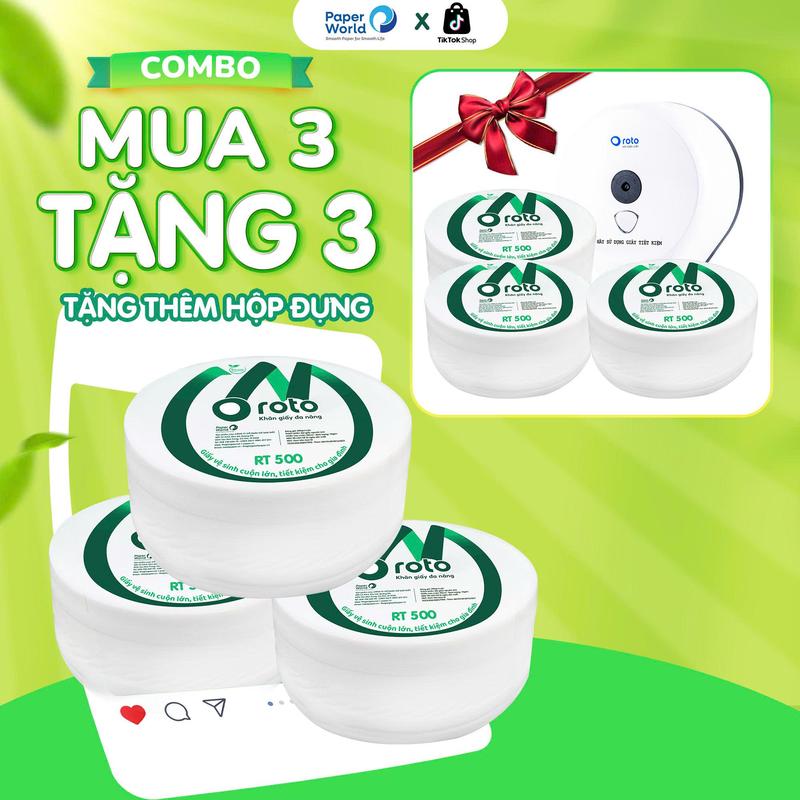 [Mua 3 Tặng 3 + Tặng Hộp đựng giấy] Giấy Vệ Sinh Cuộn Lớn Công Nghiệp ROTO RT500 – 2 Lớp, Mềm Mịn, Có Lõi, 500gr