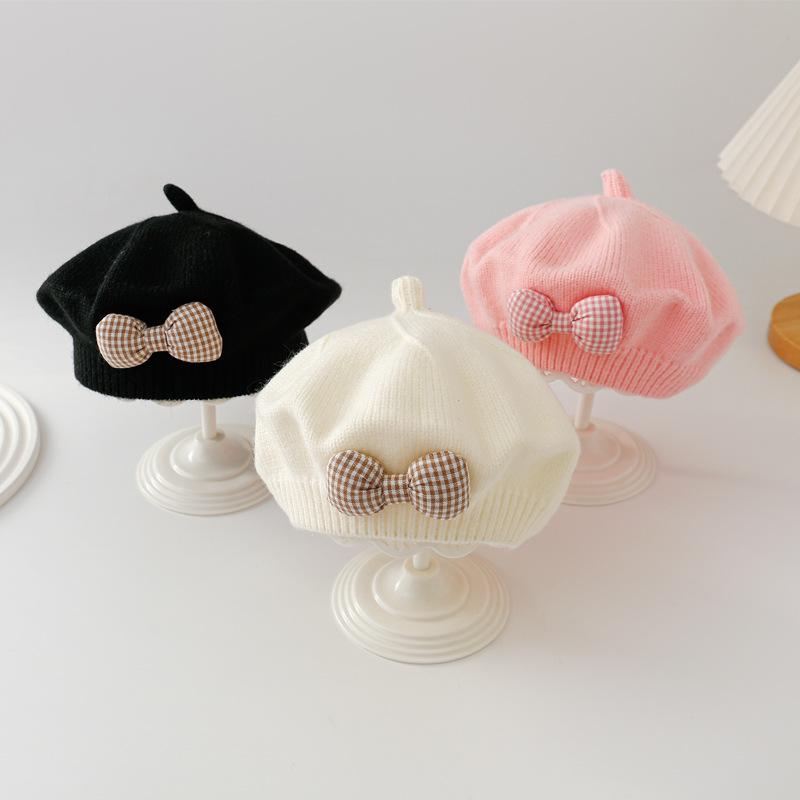 Mũ Nồi Len Dệt Kim, Có Nơ, Cho Em Bé Gái Trẻ Mới Biết Đi, Co Giãn Len, Màu Trơn Mũ Len, Thích Hợp Cho Mùa Thu Và Mùa Đông, Mũ Họa Sĩ Nghệ Sĩ Cho Trẻ Em, Độ Tuổi: 8 Tháng Đến 4 Tuổi