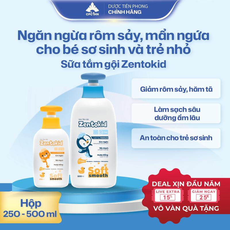 Sữa tắm gội cho bé Zentokid - Làm sạch dịu nhẹ, ngừa rôm sảy, thơm mát dễ chịu, an toàn dành cho trẻ sơ sinh và trẻ nhỏ (250ml/500ml)