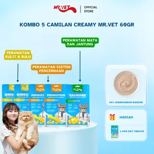 Mr.Vet - Kombo 5 mix Camilan Kucing Creamy yang dilengkapi dengan Omega 3, Prebiotik, Taurin untuk Kesehatan Pencernaan dan Kardiovaskular