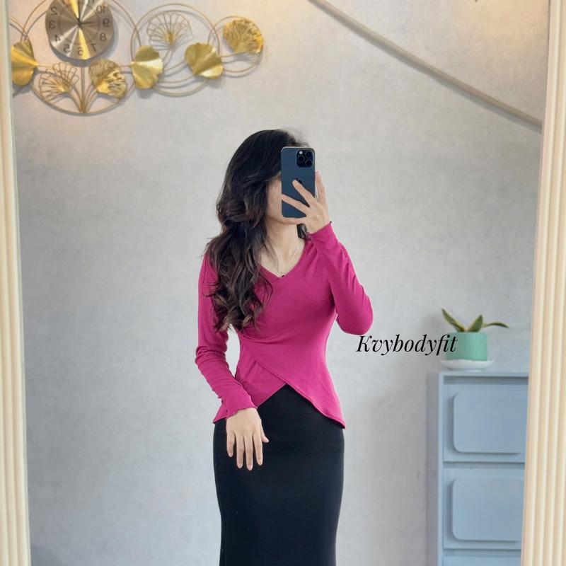 Áo thun tay dài chéo cổ Kvy A1 chất thun cotton nhập mịn dày dặn co giãn tốt 7