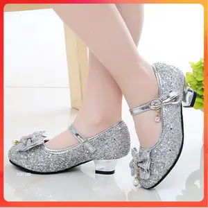 Sepatu Kulit Kupu-kupu Malam Putri Sepatu Glitter Tari Anak-anak Perempuan Hak Tinggi Ikatan Simpul Berlian Anak-anak Sepatu Pesta Dansa Anak Perempuan Modis