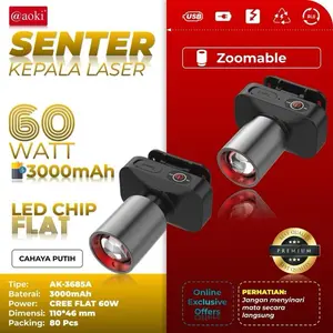 Senter Kepala Profesional LED Zoom 60Wat AK-3685A - Cahaya Putih Terang