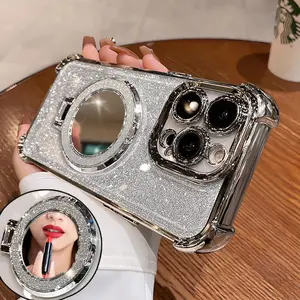 Case HP khusus untuk iPhone/OPPO/VIVO/Redmi/Samsung/Infinix/Realme，Stand dengan Cermin - Bingkai Chrome Silver, Bening HD, Pelindung Sudut Ekstra + Full Cover Anti Jatuh untuk Wanita