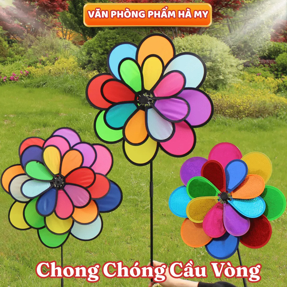 Chong Chóng Vải 8 Cánh Cầu Vồng, Chong Chóng Trang Trí Xe Trà Sữa - Xe Cafe
