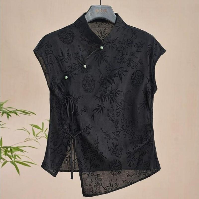 [Hình Thật] YXC Áo sườn xám không tay nữ, phong cách truyền thống cổ điển mùa hè, màu đen, họa tiết jacquard, thiết kế vai vuông