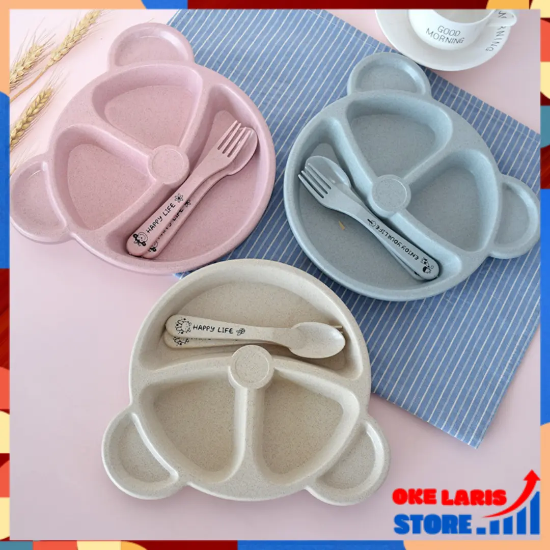 OLS Peralatan Makan Anak Set 3 Sekat Bentuk Bear Tempat Makan Bayi Bahan Jerami Dengan Garpu Sendok Lucu