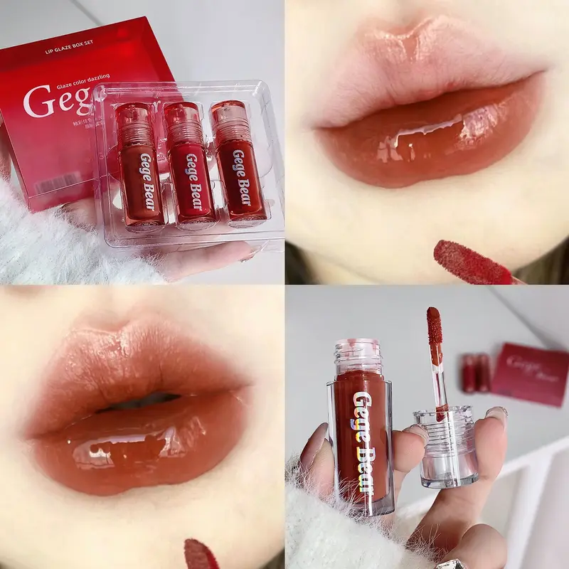 ICoD] 3Pcs setlipgloss Cermin, Lip Color Hydrating, Liquid Lipstick lipgloss Tahan Lama, untuk Makeup Bibir Bercahaya untuk Wanita dan Gadis sebagai Hadiah. 1