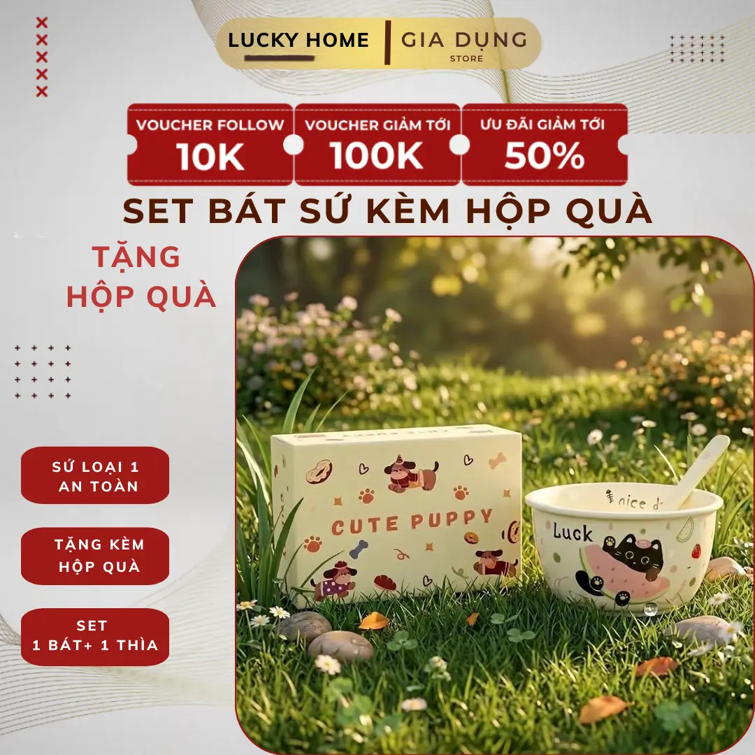 Set Bát Quà Tặng LUCKY HOME Hình Con Vật Dễ Thương, Sét Bát Gốm Sứ Quà Tặng Dễ Thương