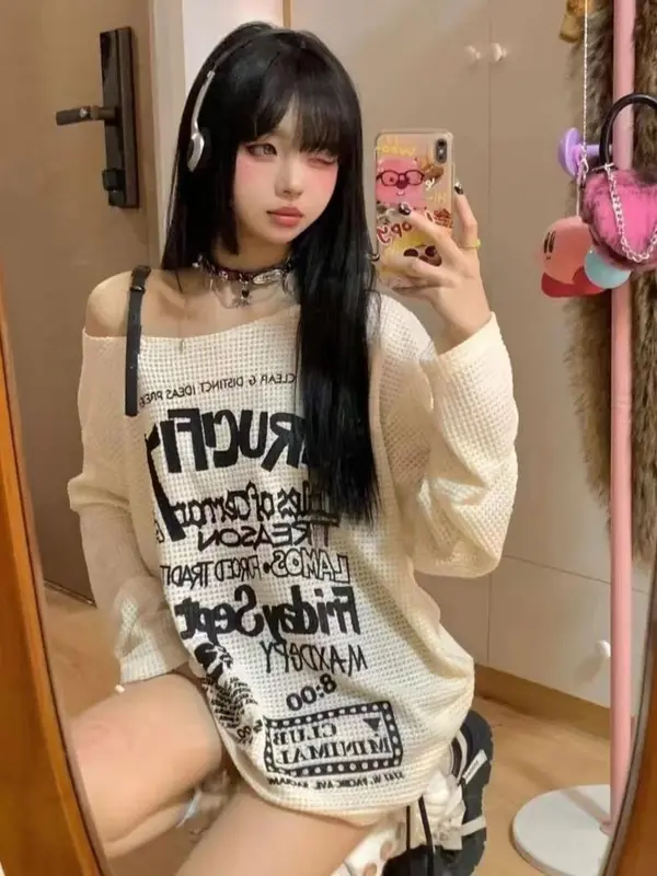 【Ready】Pola huruf Amerika di bahu terbuka, kaos lengan panjang putih/atasan longgar, ramping dan bernapas gaya baru 8