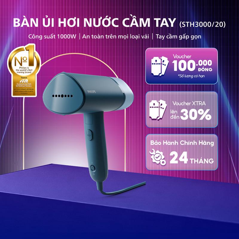 Bàn Ủi Hơi Nước Cầm Tay PHILIPS STH3000/20 - Tay Cầm Gấp Gọn - Công Suất 1000 W