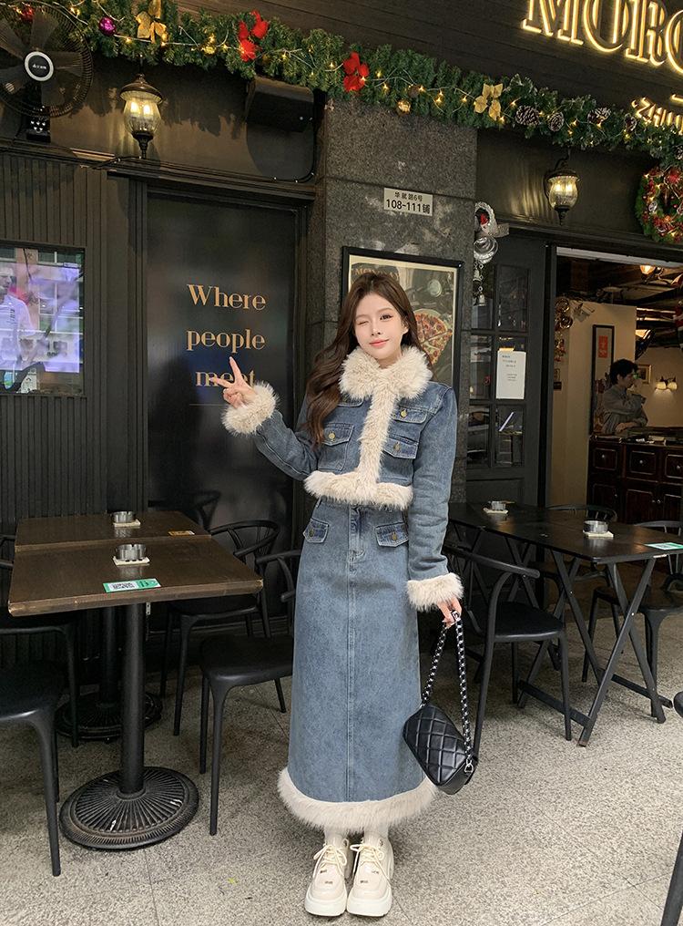 Product Introduction of Fujia Qianjin-Áo Khoác Denim Chần Bông Dày Lót Lông Cừu Cho Nữ, Váy Cạp Cao, Trang Phục Thời Trang Mới Mùa Đông 2023 35