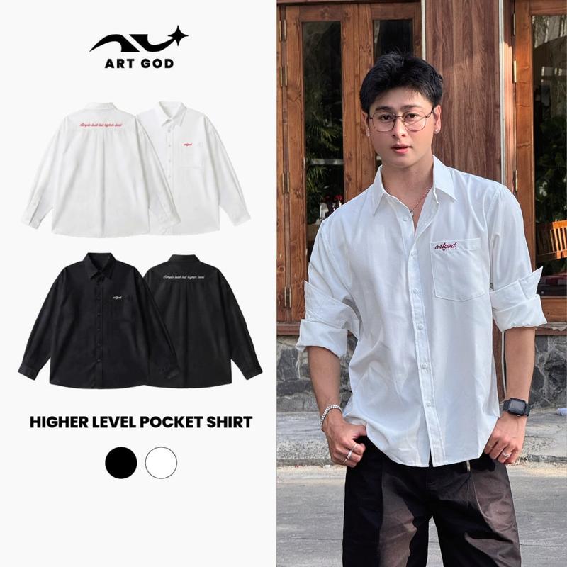 Áo Sơ Mi Kaki 2 Da Thêu Chữ HIGHER LEVEL Túi Hộp Dài Tay Streetwear Unisex ARTGOD HMA132