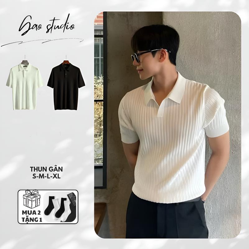 Áo Polo nam cổ V vải thun gân cotton trơn Basic co giãn phong cách sang trọng…
