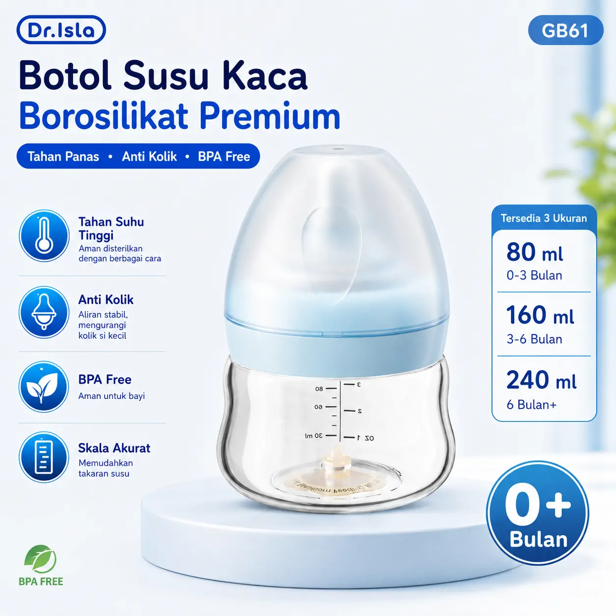 Dr.isla GB61 Dot Bay Botol Susu Kaca 80ml 160ml 240ml Botol Minum Bayi BPA Free Anti Kolik suhu tahan panas-600 dengan garis skala yan Bottle Bottle Bottle
