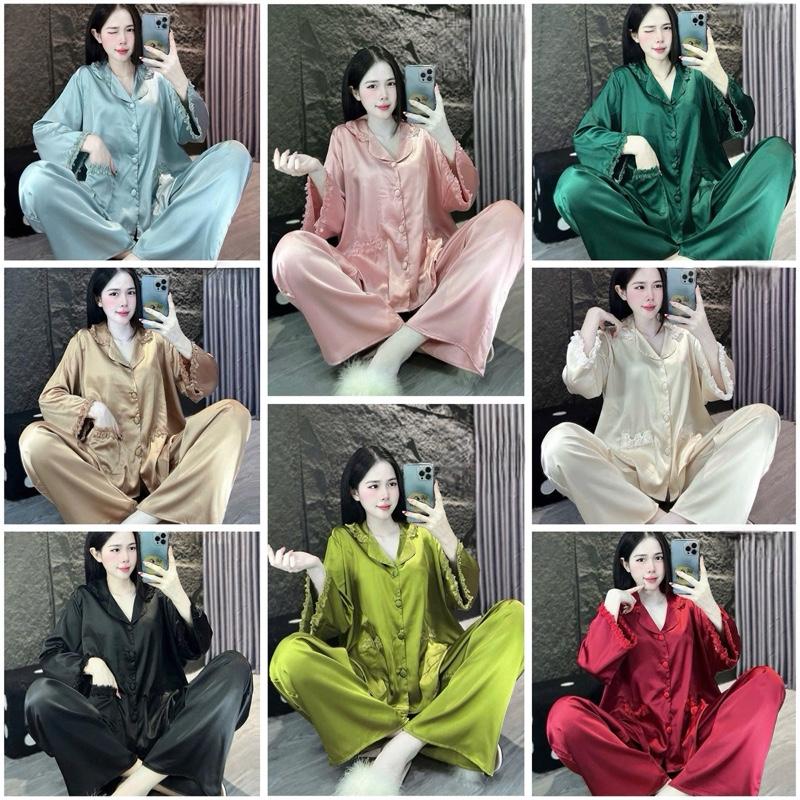  New  60-80kg  Set bộ pijjama Cổ Truyền Thống Phối Ren Tay Lỡ Quần Dài Nút Bọc chất Lụa Latin mềm mát Bigsize Nữ 