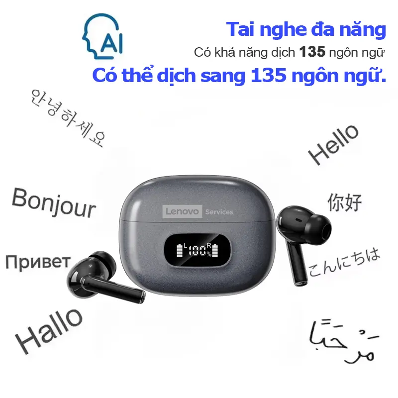Lenovo Tai Nghe Bluetooth LE207 Phiên Bản 6.0 | AI Dịch 135 Ngôn Ngữ + Âm Thanh Dolby 360° | ANC Giảm Tiếng Ồn | Chế Độ Game Thấp Trễ | Màn Hình Pin LED | Thời Lượng Pin Dài 27 Giờ | BigBuy360 - bigbuy360.vn