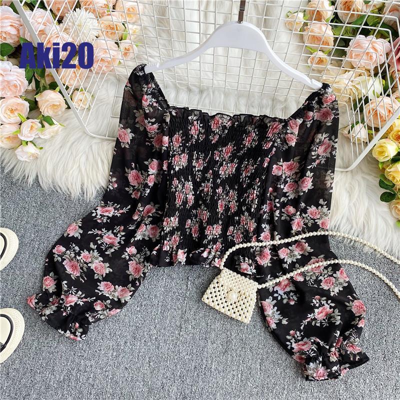 Áo Cánh Nữ, Phong Cách Hàn Quốc, Thiết Kế Mới, Vải Voan Cổ Vuông Hoa Nghiền Eo Cổ Điển Mùa Thu, Dài Tay, Nữ Tính, Cắt Cao, Áo Trễ Vai Một Cổ, Baju Wanita Murah, Canti, 2024