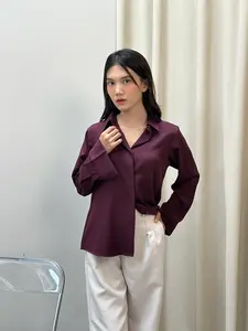 MSR Reyna - Kemeja Wanita Kerja Kantoran Cewek Kuliah Loose Fit Kekinian Blouse Polos Atasan Lengan Panjang Muslim