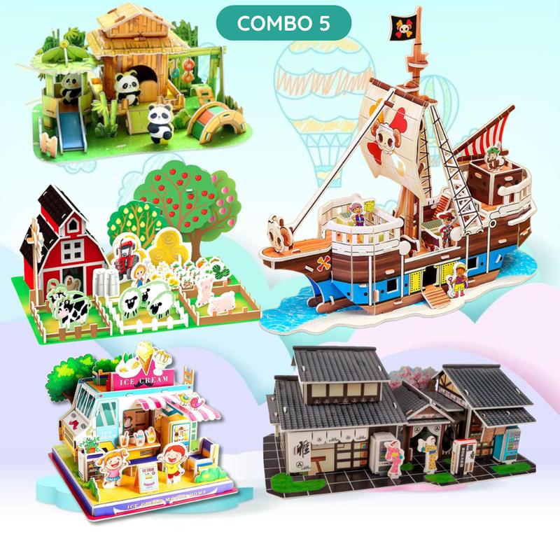 ( SIZE LỚN )Combo 5 mô hình lắp ráp (NEW): Tàu Hải Tặc, Nhà Gấu Trúc, Xe Kem, Nông Trại, CF Nhật - Đồ chơi thông minh cho bé, lắp ráp mô hình 3D, Bộ Lắp Ráp Tháo Lắp