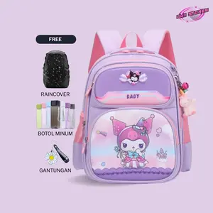 UMII STORE Tas Ransel Anak Perempuan Sekolah SD Fashion Korean Karakter Kuromi Baby Terbaru dengan Raincover Botol Minum dan Gantungan Kanvas