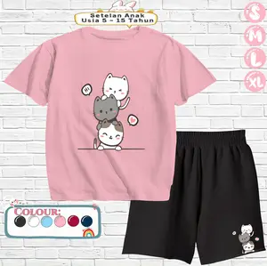 Baju Setelan Anak Perempuan - Pakaian Kaos dan Celana Pendek Fashion Anak Cewek Usia 5-15 Tahun - Motif HI CAT