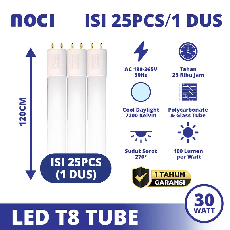 Noci Lampu TL LED Tube Light T8 9-30 Watt Cahaya Putih/Kuning Hemat Daya | QTY 1 = ARTINYA BELI 1 DUS ISI 25PCS
