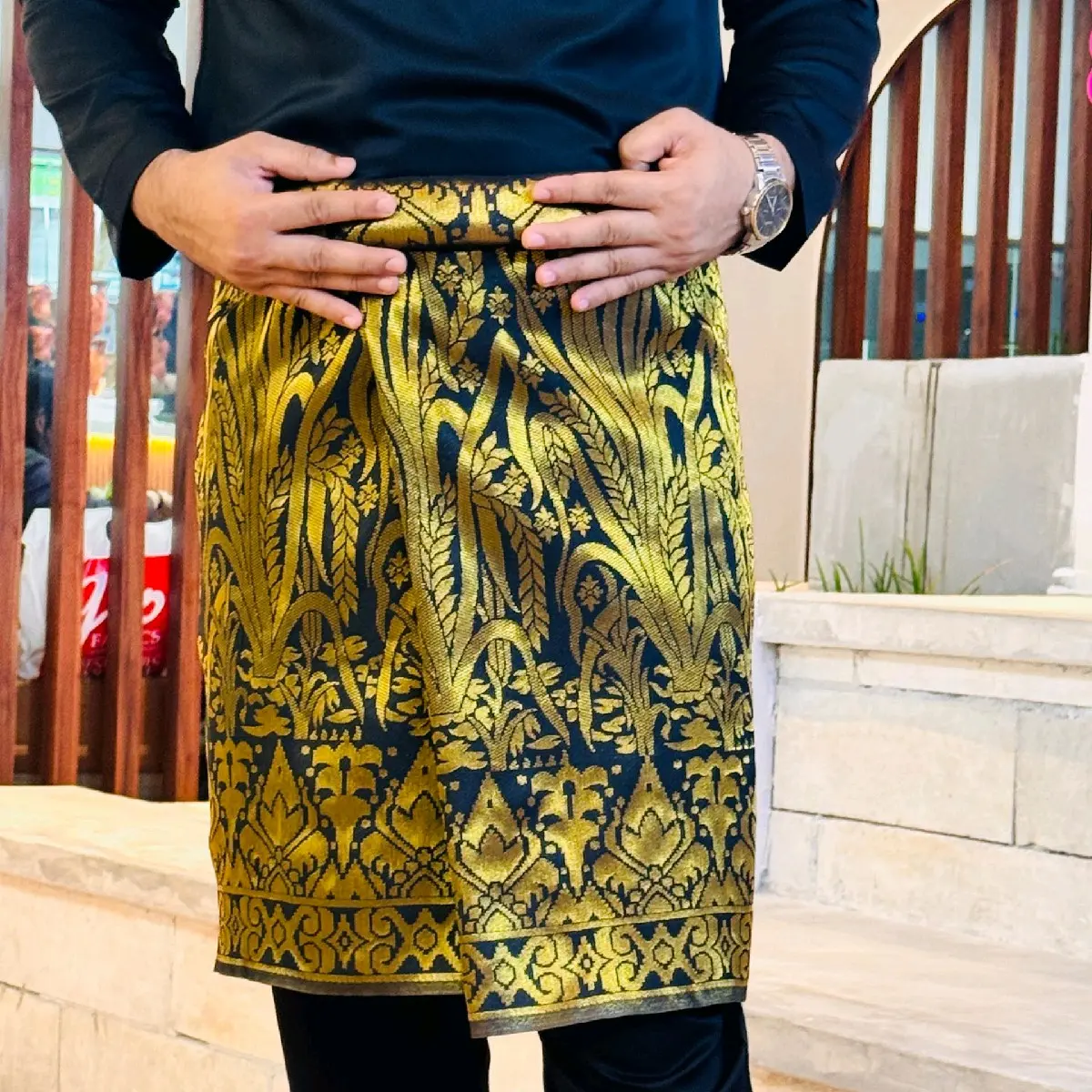 Sampin Raya Nikah Offwhite Black Pastel Polyester Cotton Bell Songket Eksklusif dan Elegan