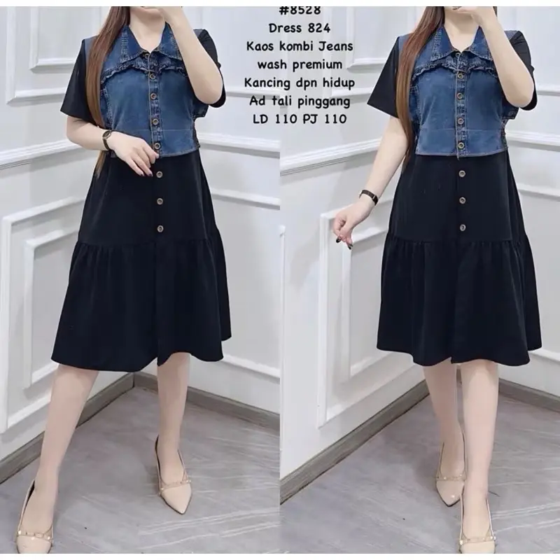 Dress jeans viral combinasi kaos hitam, dress viral 2025 ready stock Busui Midi Cantik
