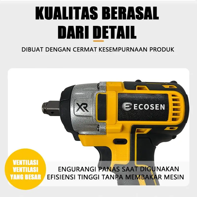 ECOSEN 199VF Mesin Impact Baterai Cordless Impact Wrench  Untuk Memudahkan Pemasangan Baut Pada Roda Motor bor impact set lengkap 4