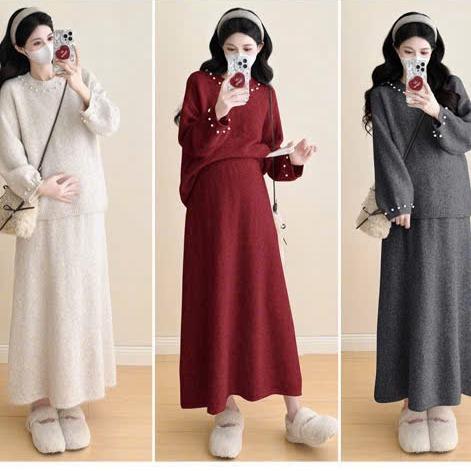 Trumdobau Set Đầm Bầu Len Lông Thỏ Cổ Đính Ngọc – Combo 2 Chi Tiết Áo + Váy Siêu Xinh