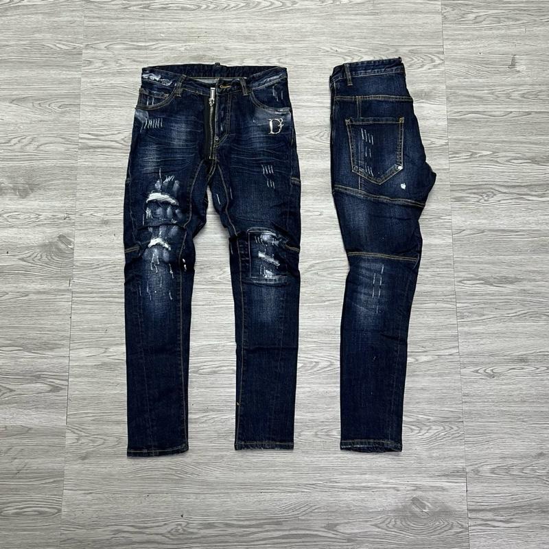 QUẦN JEAN NAM MÃ D2-01 XANH RÁCH CHỮ SẮT DÁNG BIKER CÓ VÁ 4 CÚC , BÒ DÀI CAO CẤP , CO DÃN , PHOM ÔM CHÂN DS-Q ,  Có Túi
