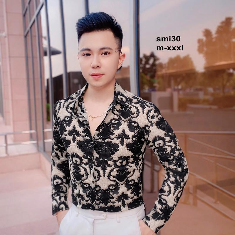 Áo sơ mi lụa nam không nhăn phối họa tiết hoa văn uốn lượn cổ điển