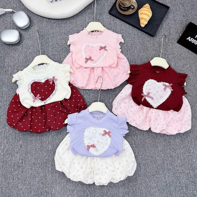 (7-16kg) Bộ áo tim nơ + quần bồng quả bí cho bé gái 4 màu 0