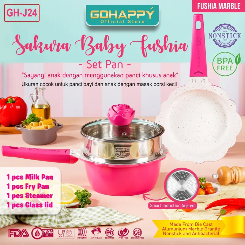 PANCI SET MAYBA BABY PAN 4 pcs Perlengkapan bayi Kids | Peralatan Wajan masak anak diatas bolde | Cream Frying Milk pan steamer lavender merah Pink Black 8