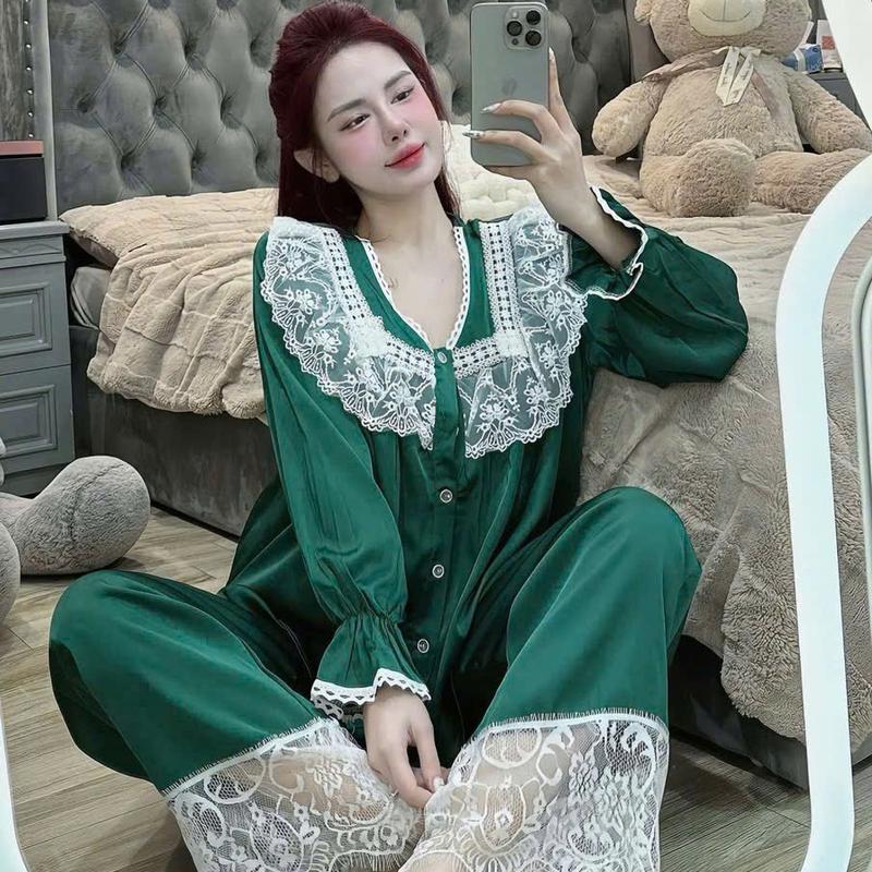 Size 40-60kg-Đồ Bộ Lụa Latin Tiểu Thư Cao Cấp Cổ Tim Mix Ren Queen Tay Dài Quần Dài TDQD Mềm Mát Mặc Nhà Cao Cấp Pijama Mặc Nhà Nữ Women Quần Ngủ Cạp Cao Voi Sen