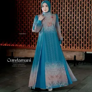 CUNDAMANI Dress STYLE B Sarimbit Keluarga Ceruty Batikoll Sabana UV Printing Aqua Blue Elegan