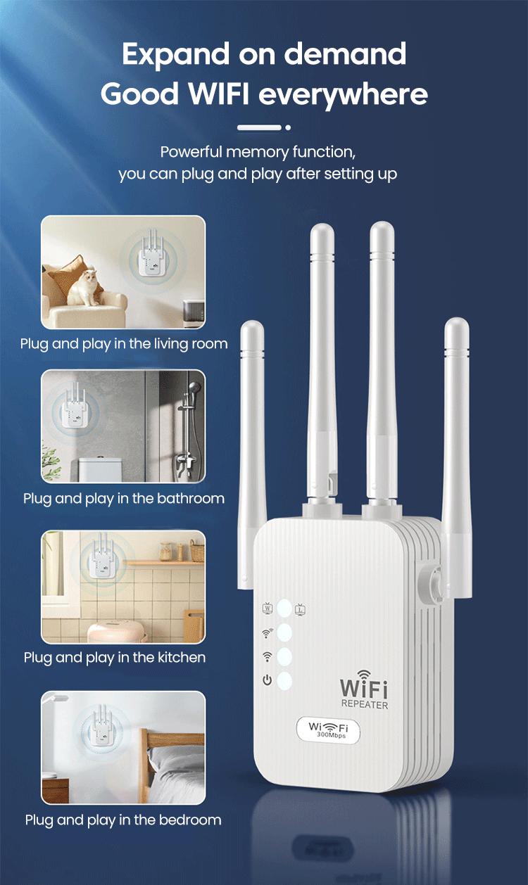 Product Introduction of 300Mbps WiFi Repeater EU Plugs Dual-Band Network Amplifier WPS Router Wireless Signal Wi Fi Booster Communication Extender 5