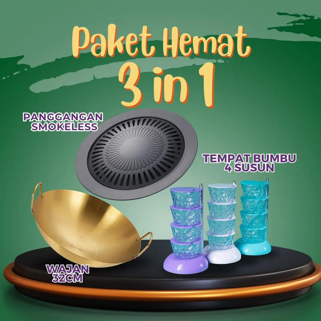 Paket Hemat 3In1 - Wajan Gold 32CM + Panggangan 32CM + Tempat Bumbu 4 Susun Free Sendok Kitchenware