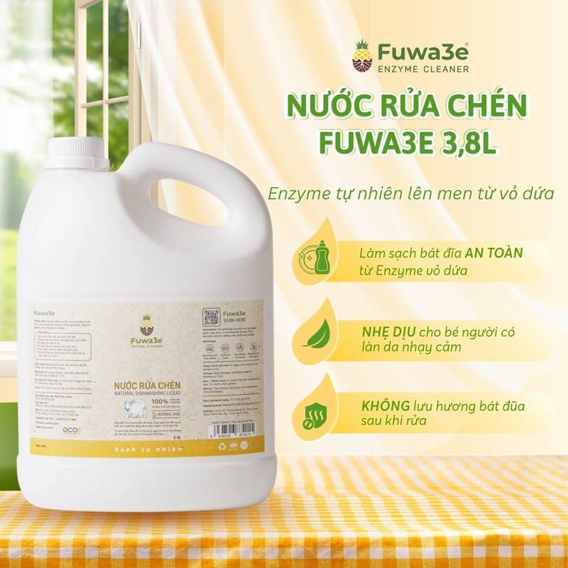 Chính hãng Fuwa3e - Nước rửa chén Enzyme từ vỏ dứa 3,8L - An toàn bảo vệ da tay Tiết kiệm nước ít bọt Phù hợp cho bé & người da nhạy cảm